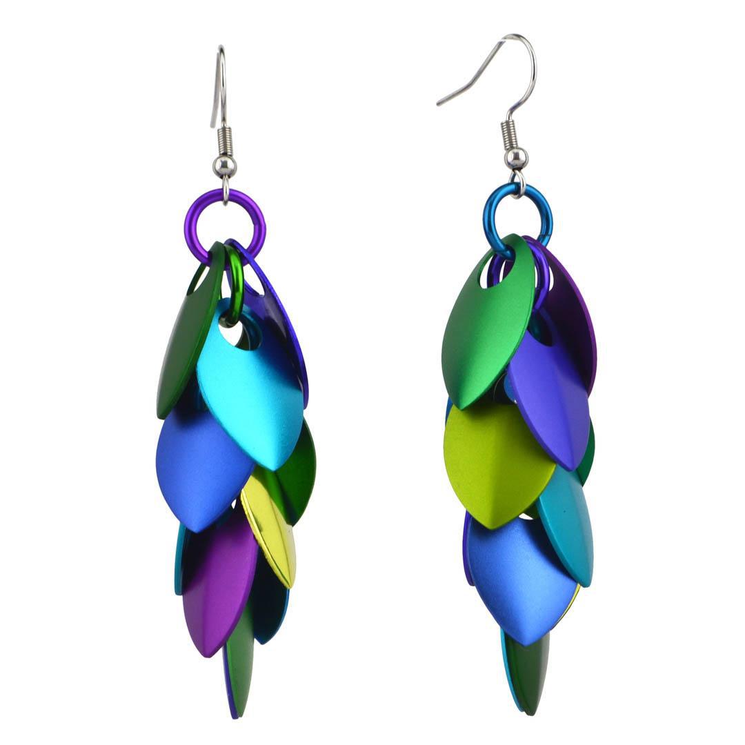 Earrings - Long Feather Cascade (Peacock Mismatched) by Rebeca Mojica