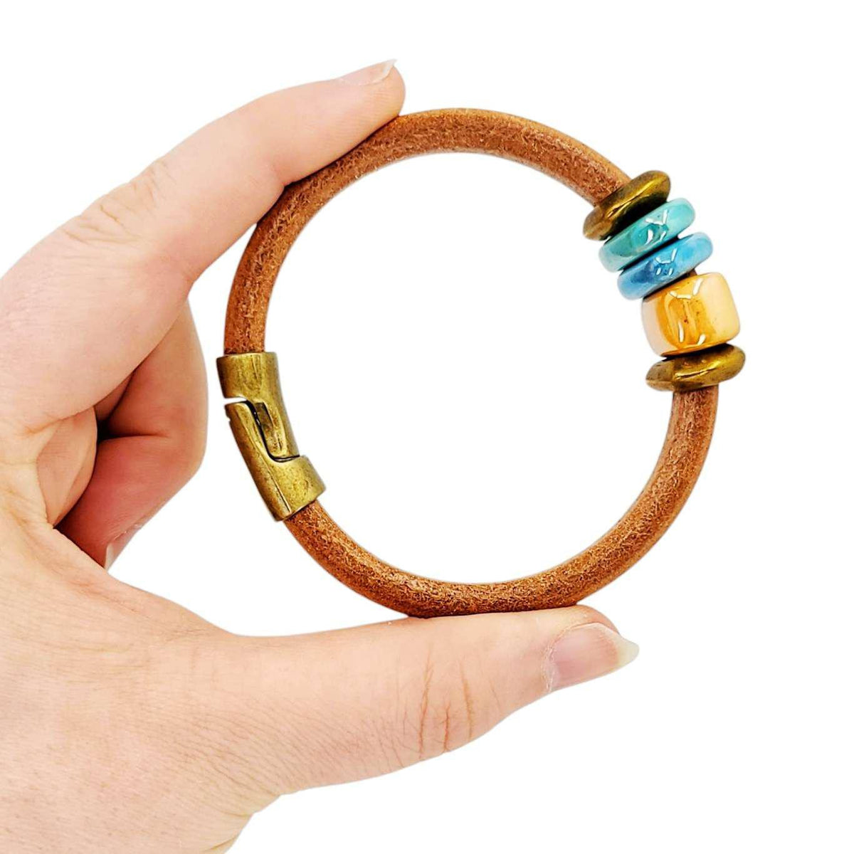 Bracelet - Daydreamer (Whiskey Leather, Brass, Ceramic) by Diana Kauffman Design