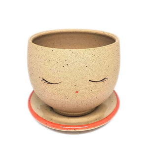 Planter - Peaceful Face (Red Saucer) by Jennifer Fujimoto