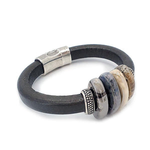 Bracelet - Sparrow in Black Leather with Silver and Ceramic by Diana Kauffman Designs