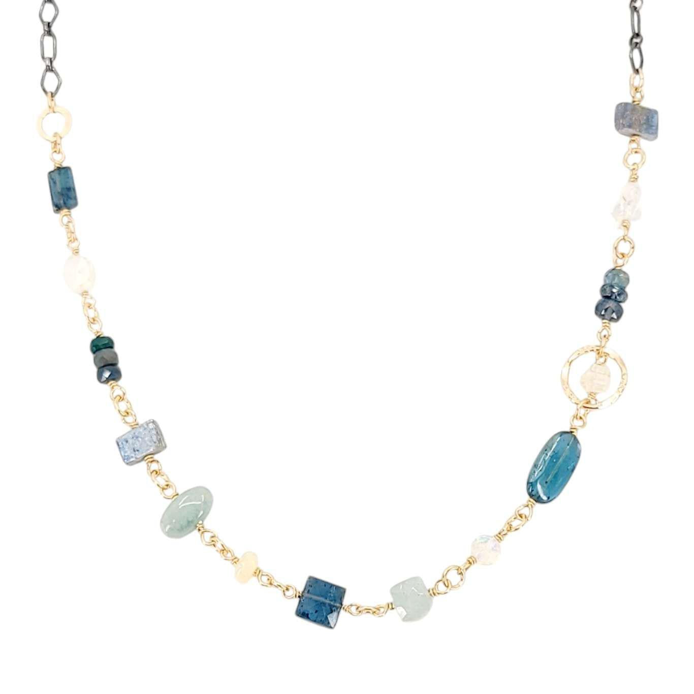 Necklace - Half Gold Decorated Chain (Moss Kyanite, Aquamarine, Opal) by Calliope Jewelry