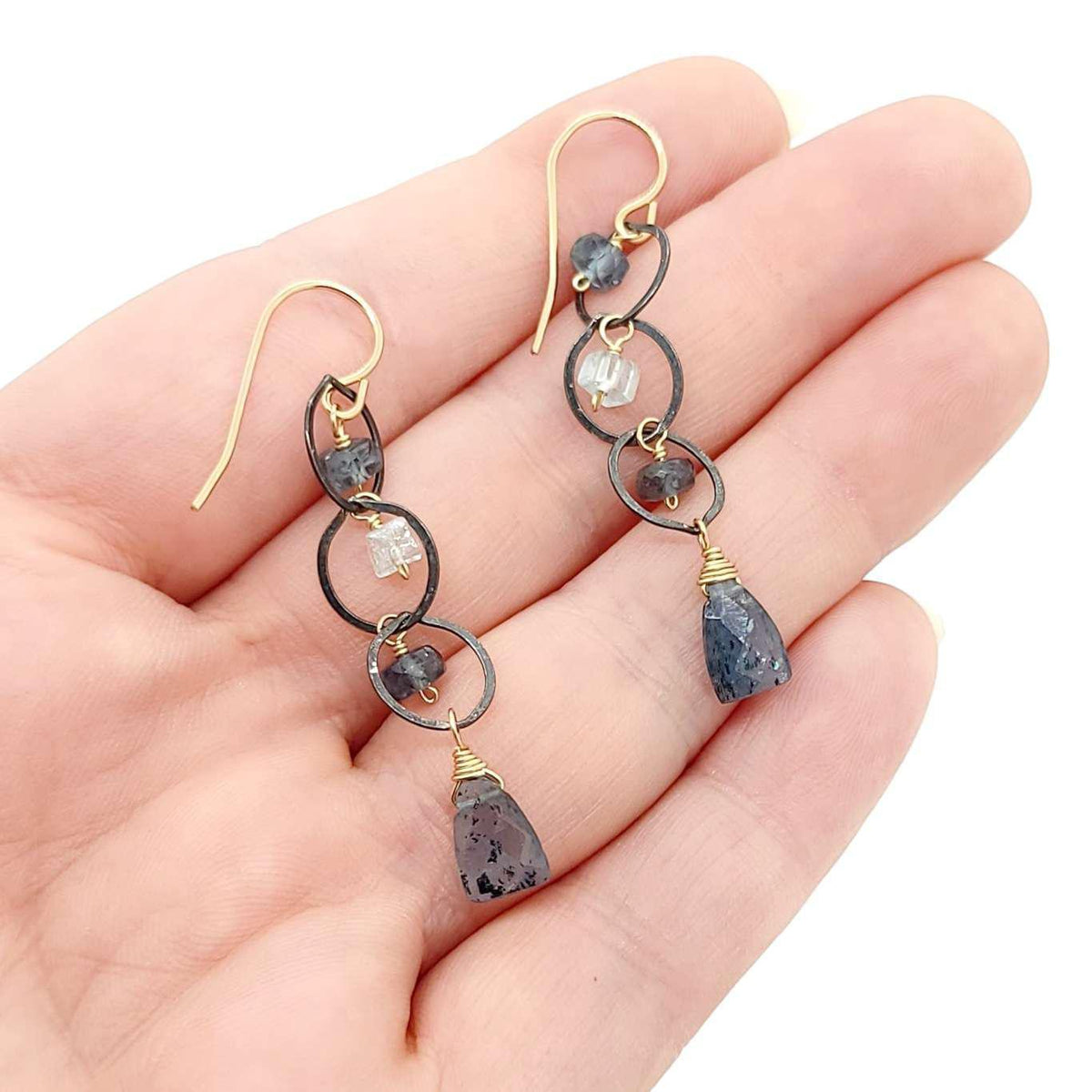 Earrings - Triple Circle Chain Dangles (Moss Kyanite, Aquamarine) by Calliope Jewelry