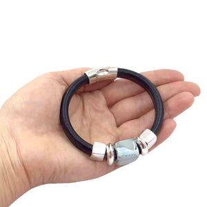 Bracelet - Black Sea in Black Leather with Silver and Ceramic by Diana Kauffman Designs