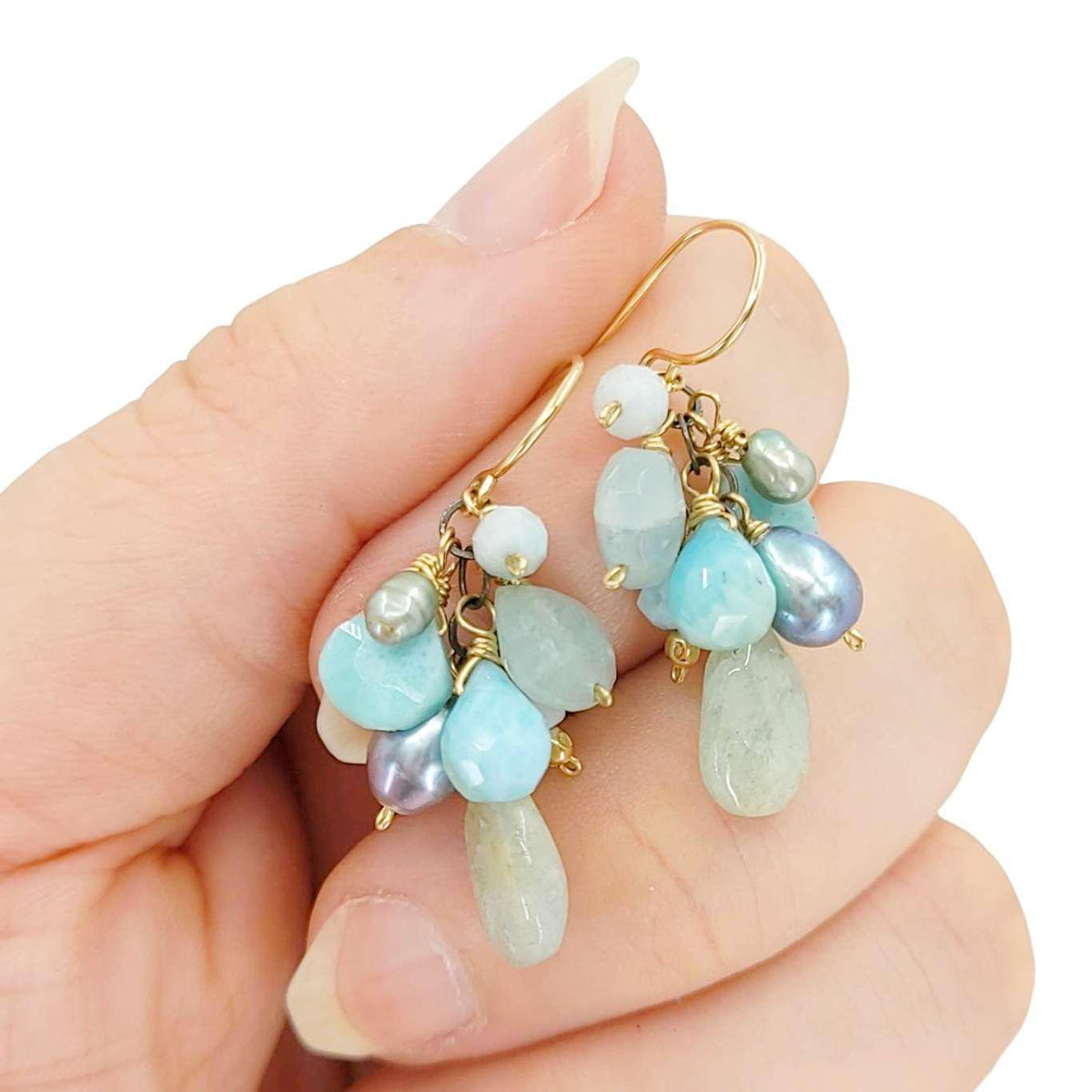 Earrings - Gemstone Clusters (Larimar, Aquamarine, Pearl) by Calliope Jewelry