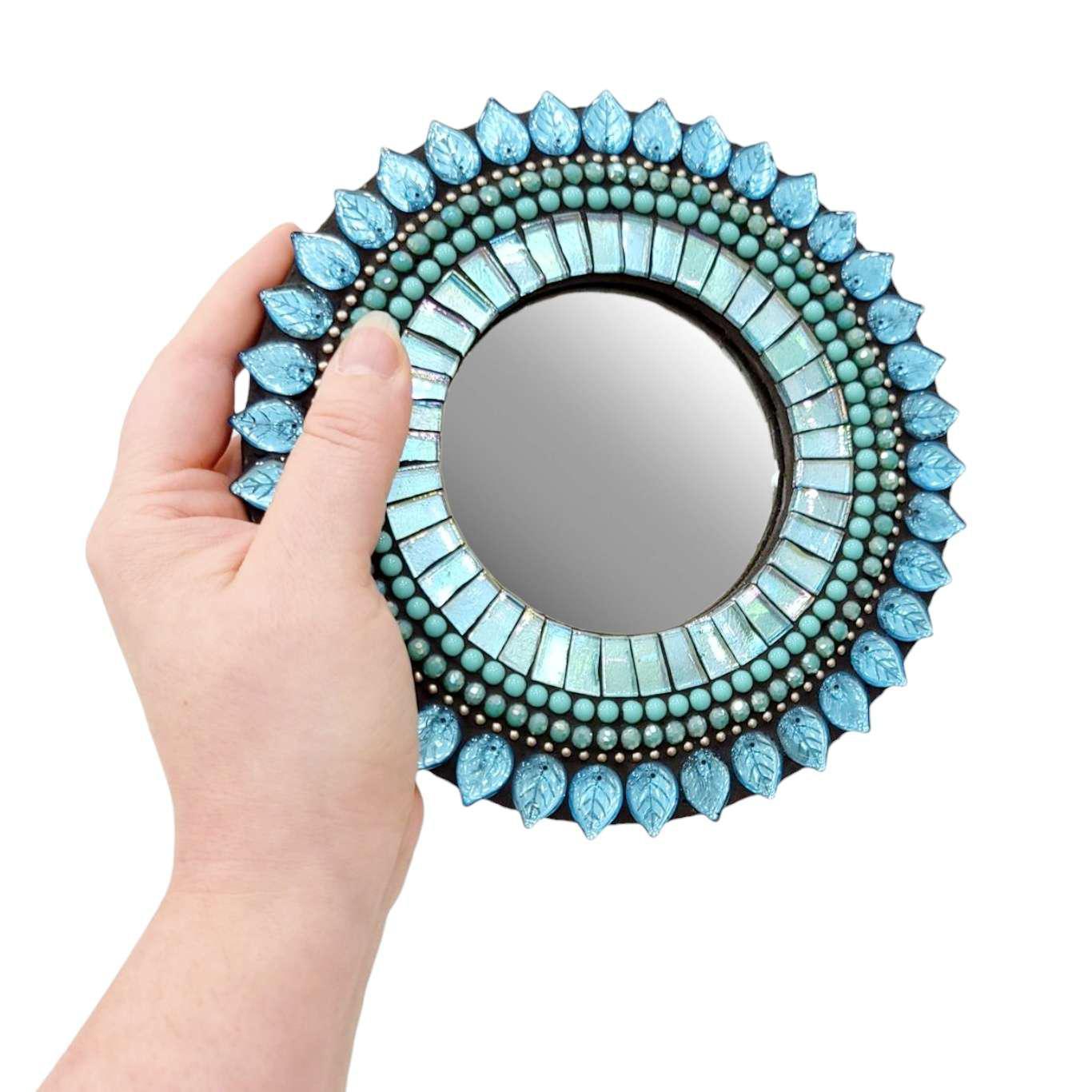 Mosaic Mirror - 7in Round (Aquamarine Leaf) by Zetamari Mosaic Artworks