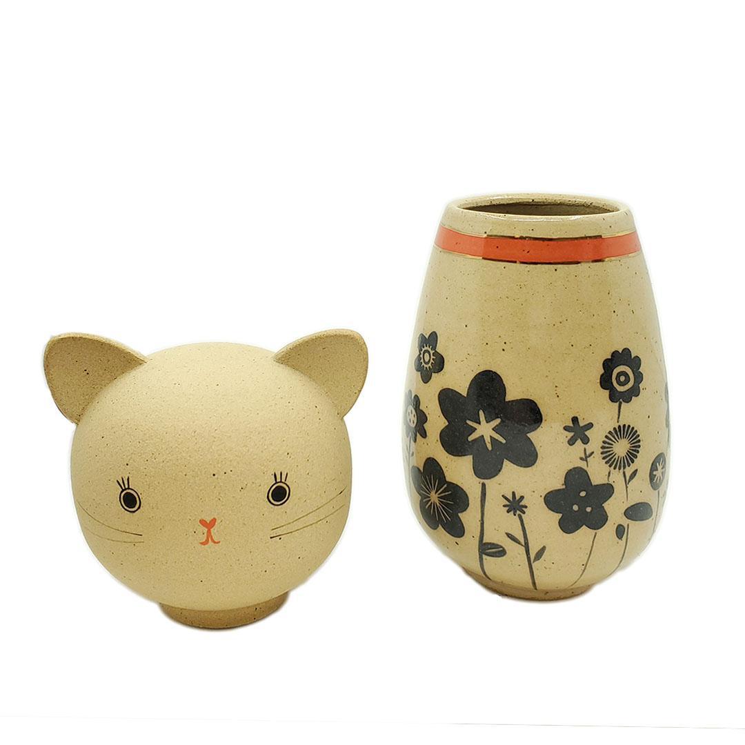 Kokeshi Jar - Medium - Bright Eyes Kitty Cat (Black Floral Red Collar with 22k Gold) by Jennifer Fujimoto