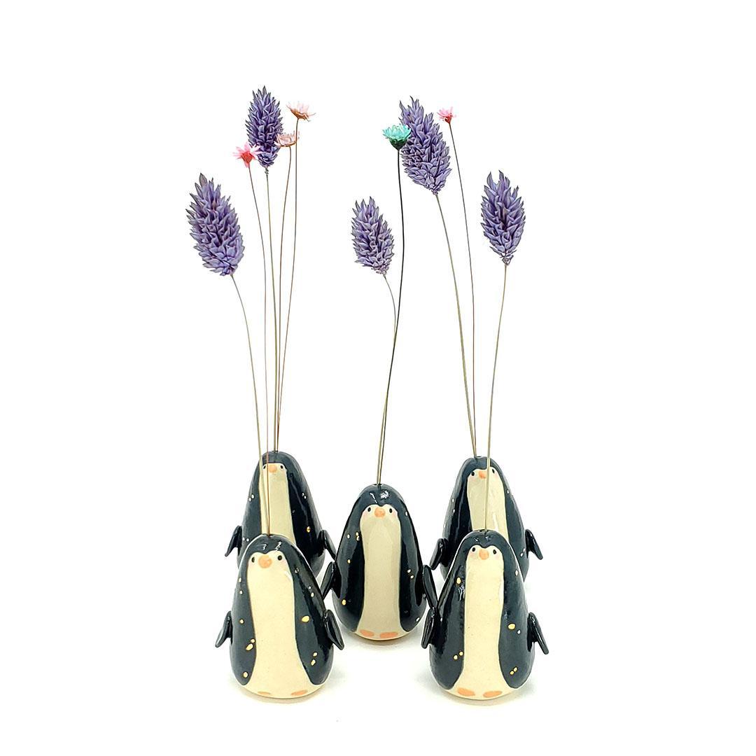 Figurine -  Penguin Tiny Bud Vase (Single Hole, Black and White) by The Pottery Parade