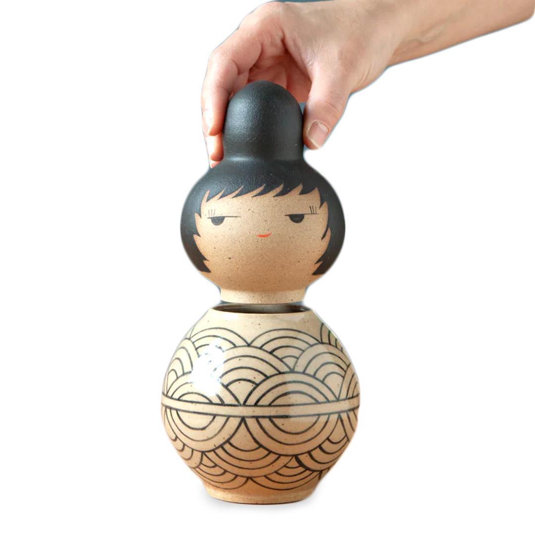 Kokeshi Jar - Round Waves (Black Pattern) by Jennifer Fujimoto