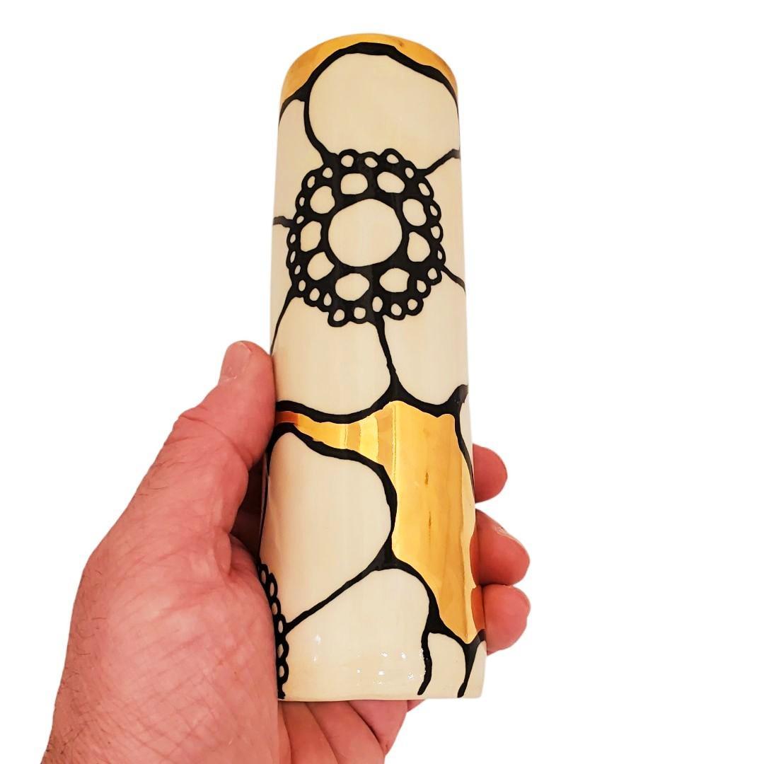 Vase - 6in Floral Cylinder with 22k Gold Solid Background (C) by Hsieh Clay SF