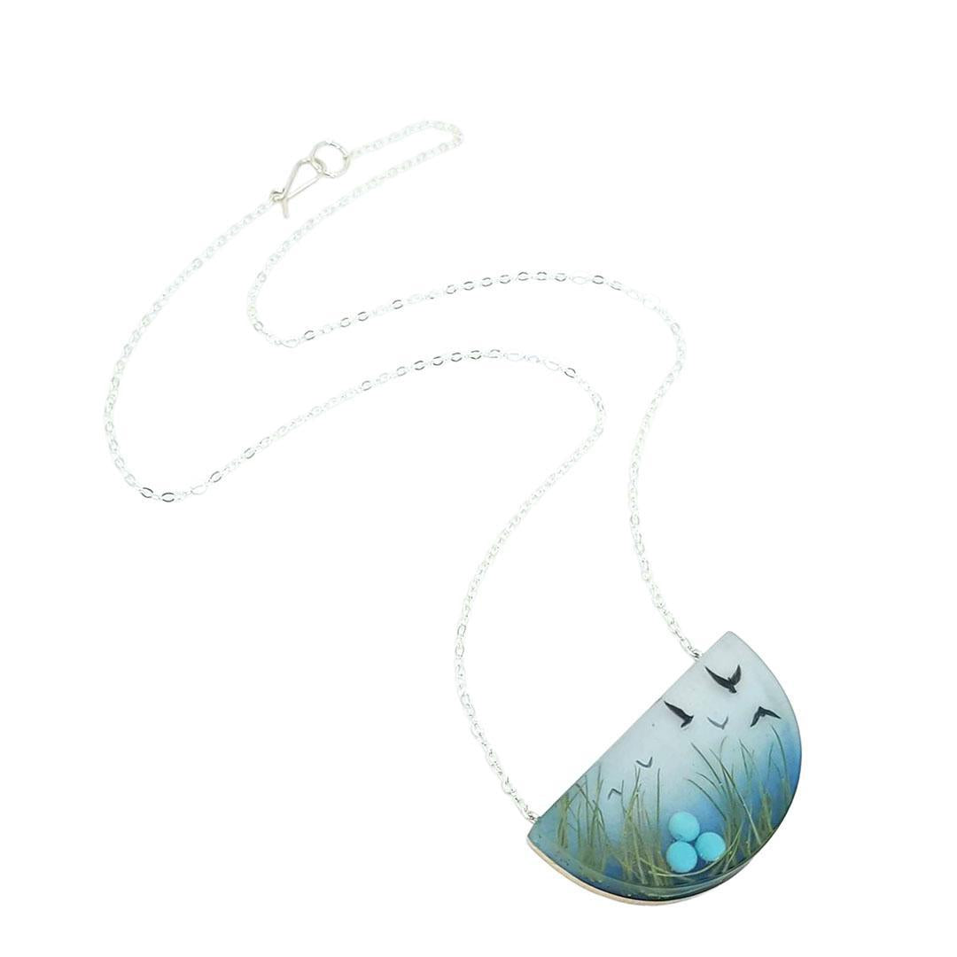 Necklace - Painted Nesting Birds with Green Grass by Fernworks