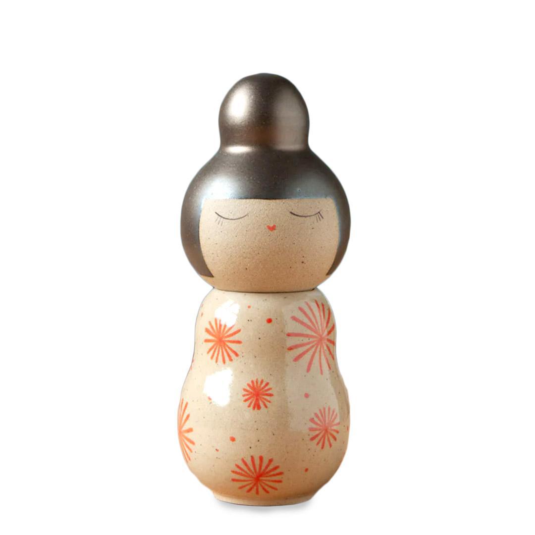 Kokeshi Jar - Small - Peaceful (Bronze Updo, Red Bursts) by Jennifer Fujimoto