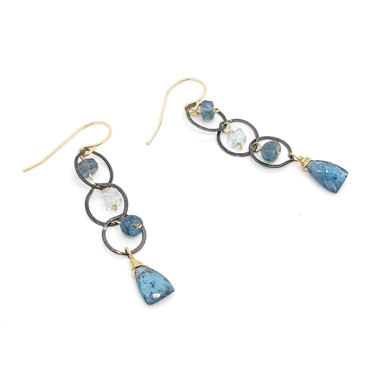 Earrings - Triple Circle Chain Dangles (Moss Kyanite, Aquamarine) by Calliope Jewelry