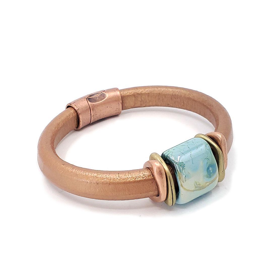 Bracelet - Tuscan Sunset in Copper Leather with Mixed Metals and Ceramic by Diana Kauffman Designs