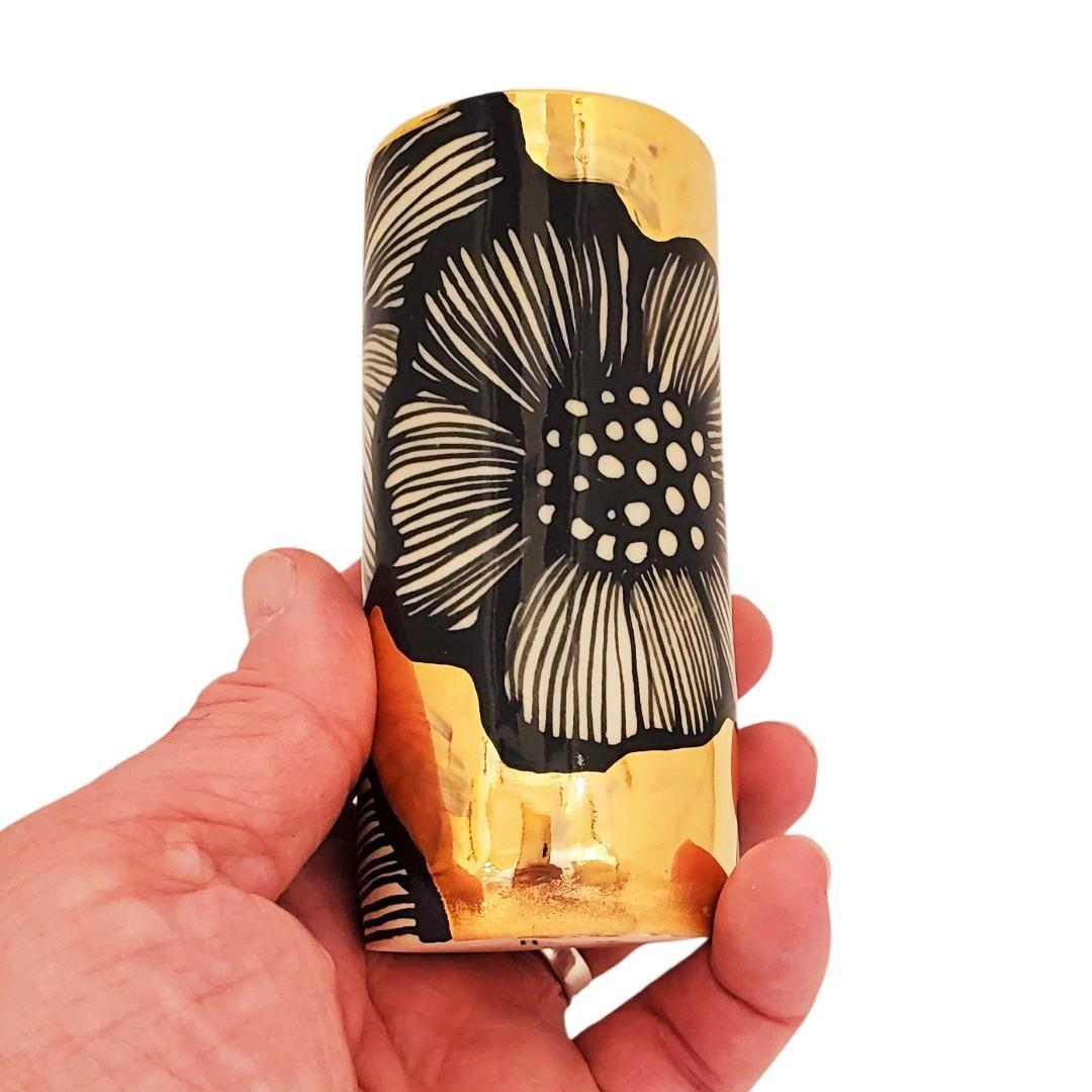 Vase - 4in - Floral Cylinder with 22k Gold Background (A) by Hsieh Clay SF