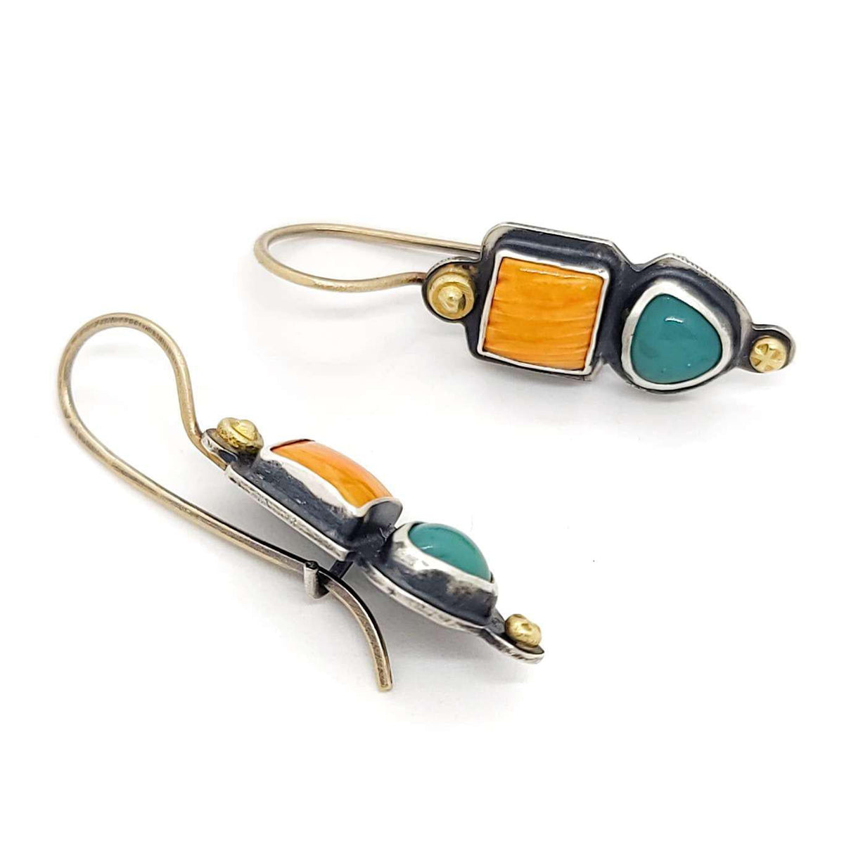 Earrings - Talking Stone in 14k Gold and Sterling with Spiny Oyster and Gem Silica by Allison Kallaway