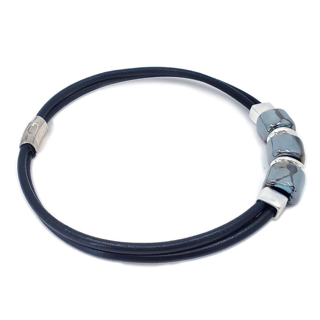 Necklace - Black Sea (Black Leather, Silver, Ceramic) by Diana Kauffman Designs