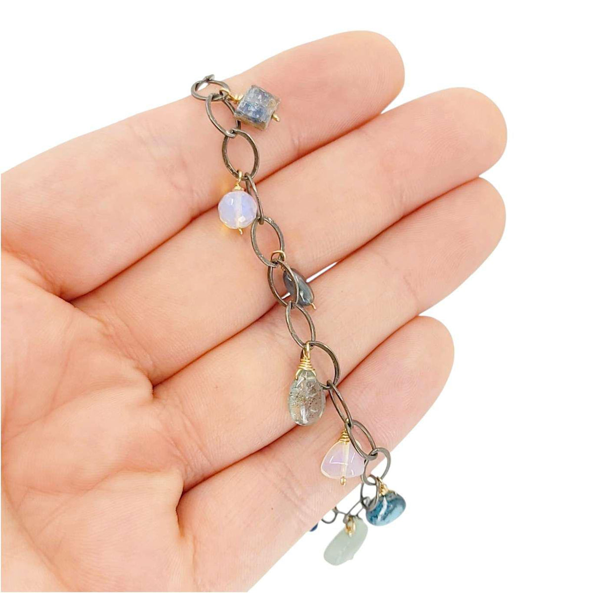 Bracelet - Dainty Gemstone Drops (Opal, Kyanite, Aquamarine) by Calliope Jewelry