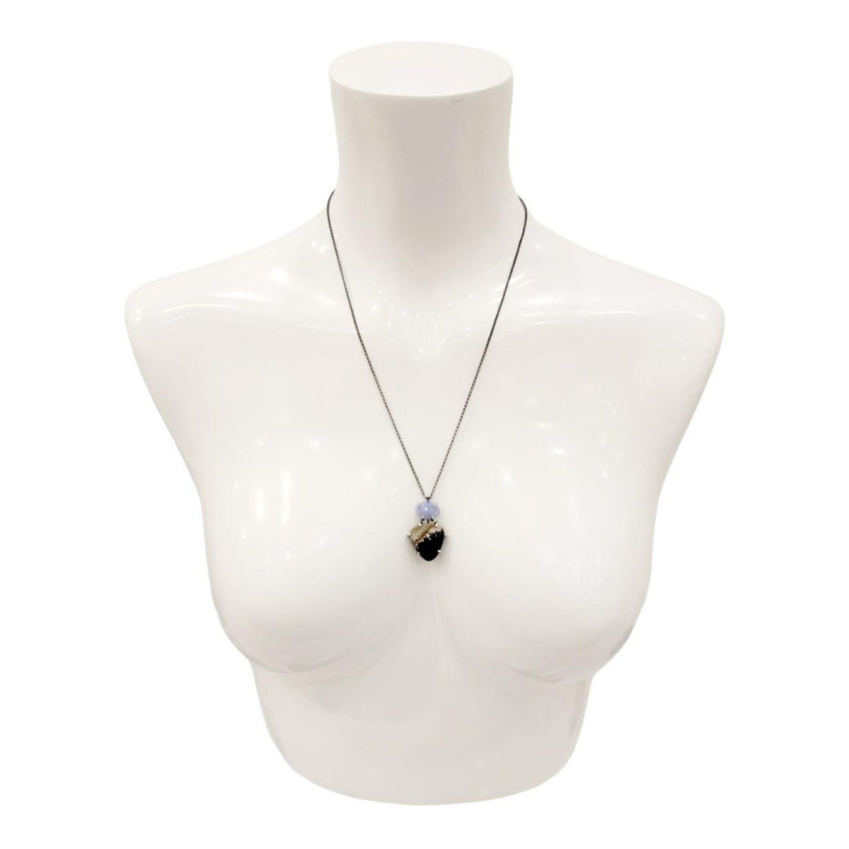 Necklace - Vertical Duo (Opalized Wood, Chalcedony) by Three Flames Silverworks