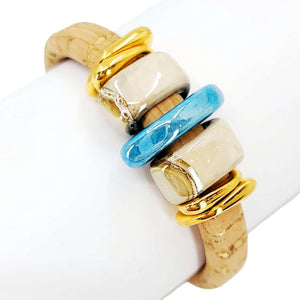 Bracelet - Sorrento Blue (Cork on Leather, Gold, Ceramic) by Diana Kauffman Designs