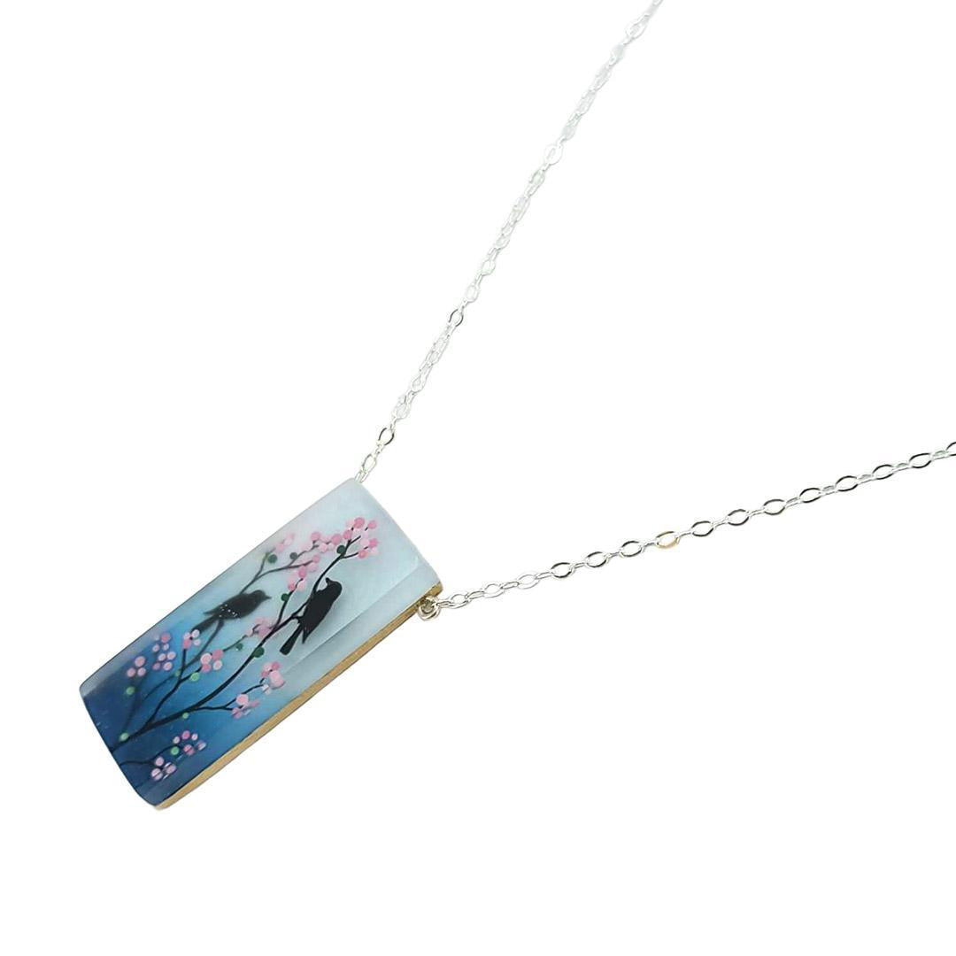 Necklace - Cherry Blossom Birds Tall by Fernworks