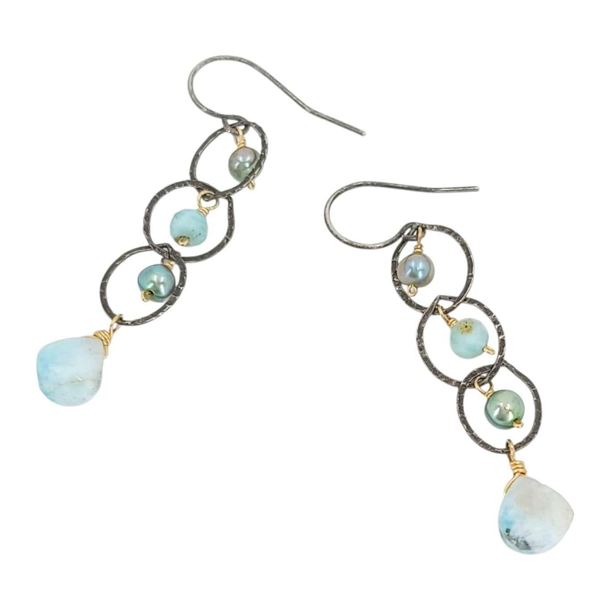 Earrings - Triple Circle Chain Dangles (Larimar, Pearl) by Calliope Jewelry
