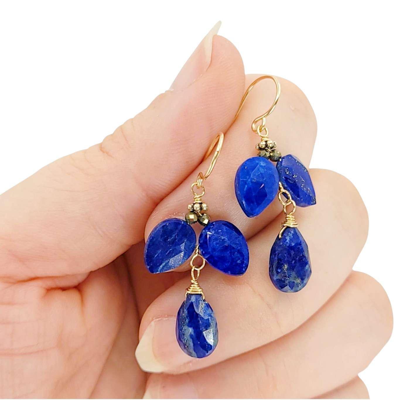Earrings - Triple Drops (Lapis Lazuli, Pyrite) by Calliope Jewelry