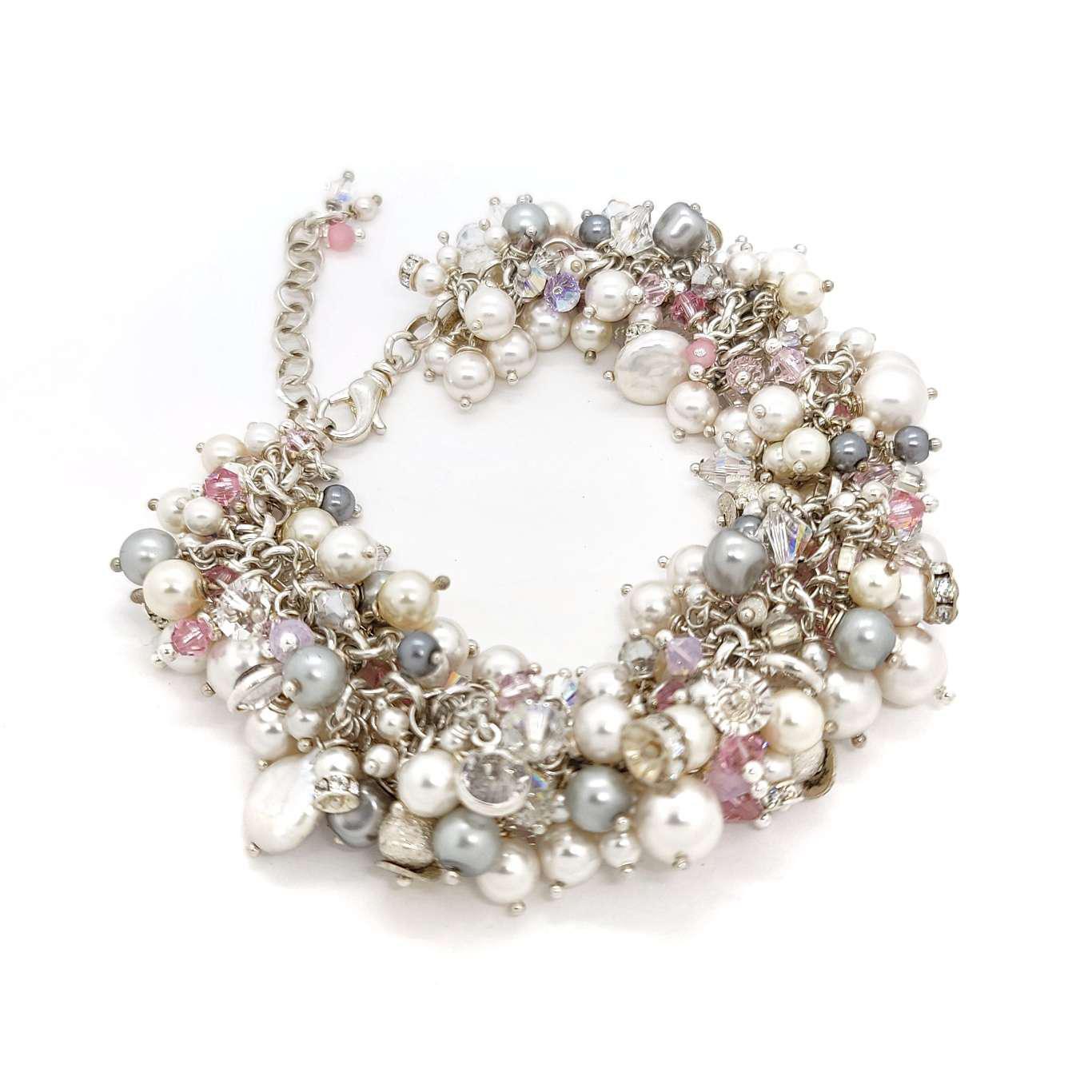 Bracelet - Blush Rose White and Gray Pearls and Crystals by Sugar Sidewalk