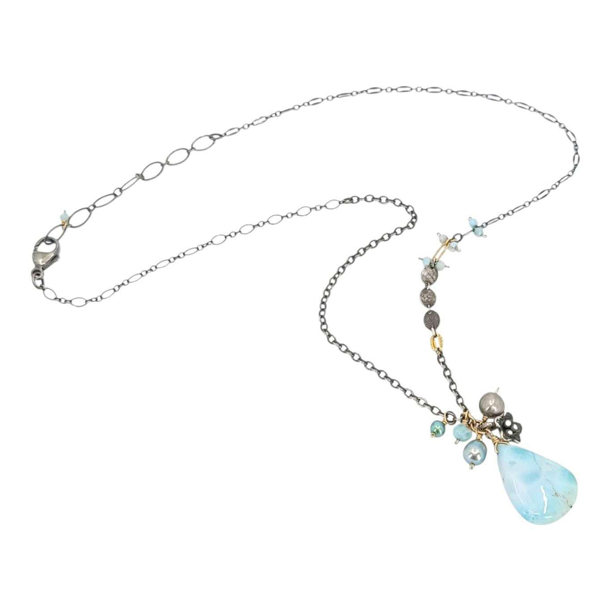 Necklace - Flower Cluster Large Gem Drop (Larimar, Pearl) by Calliope Jewelry