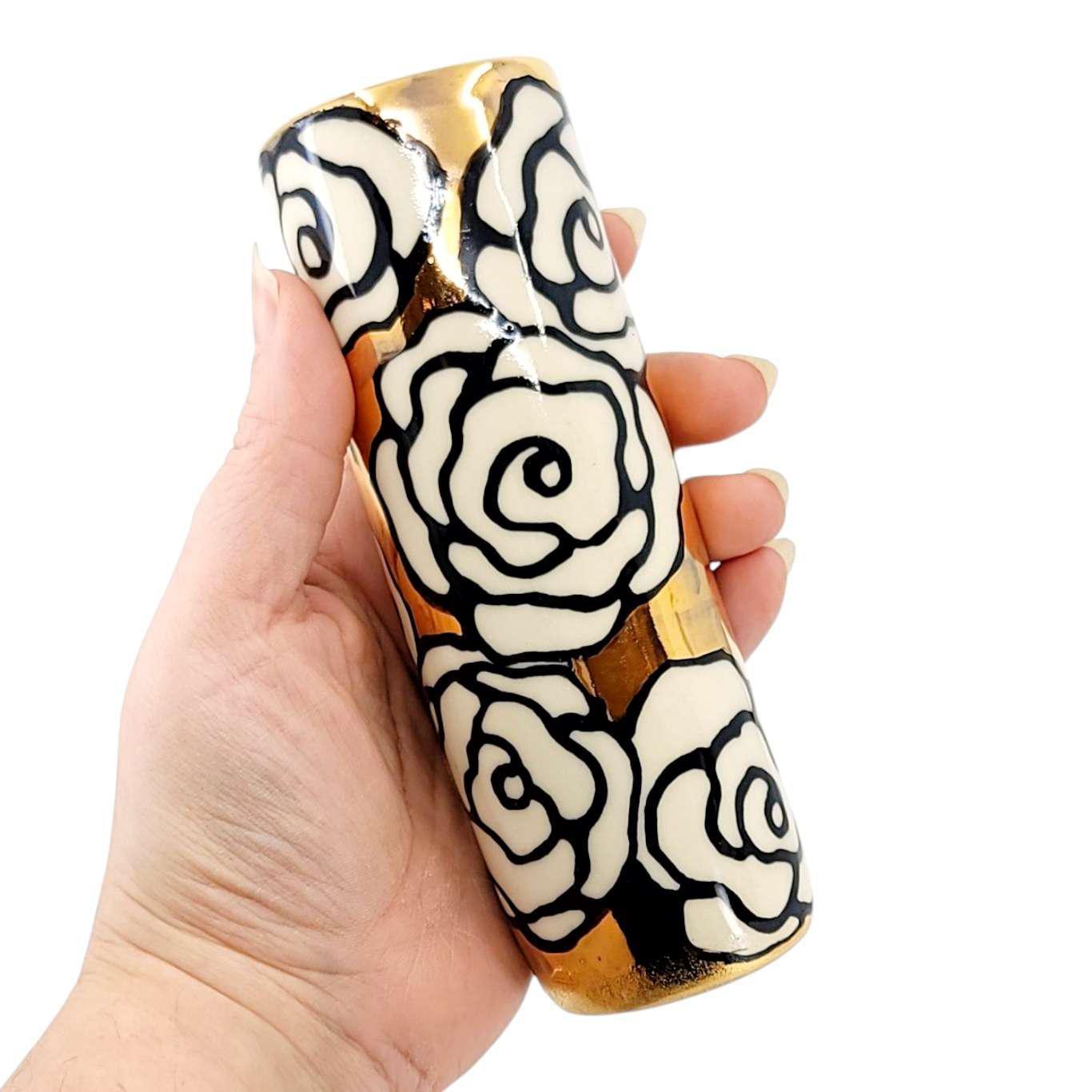 Vase - 6in Floral Cylinder with 22k Gold Solid Background (D) by Hsieh Clay SF