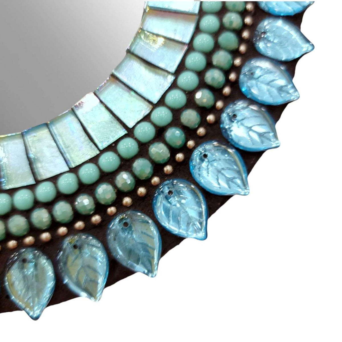 Mosaic Mirror - 7in Round (Aquamarine Leaf) by Zetamari Mosaic Artworks