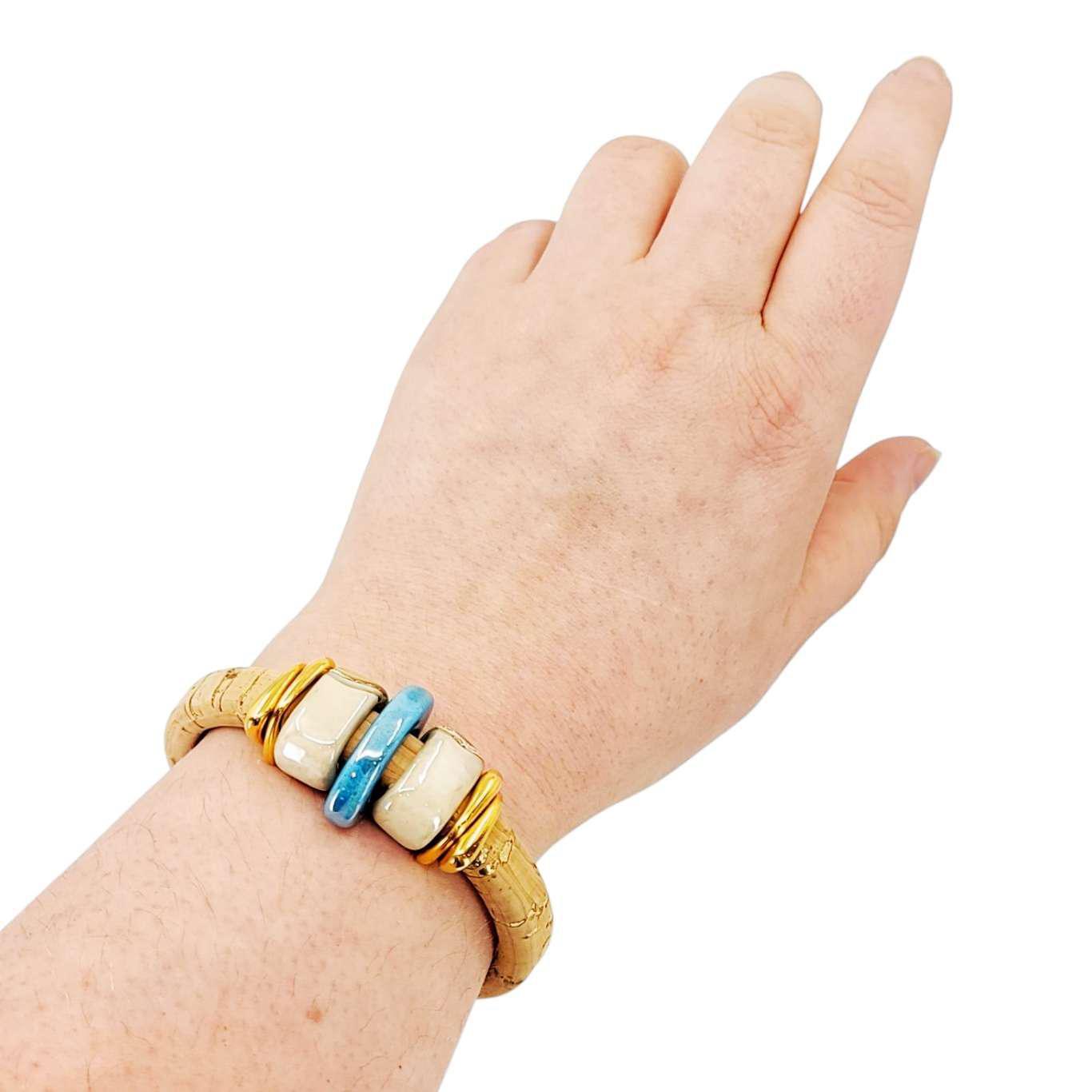 Bracelet - Sorrento Blue (Cork on Leather, Gold, Ceramic) by Diana Kauffman Designs