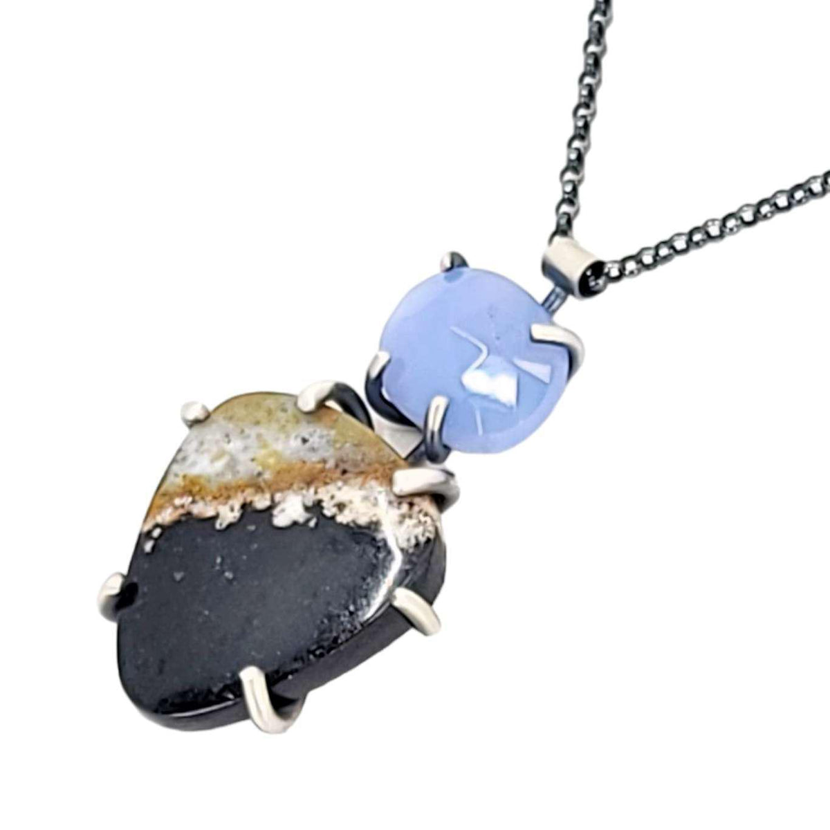 Necklace - Vertical Duo (Opalized Wood, Chalcedony) by Three Flames Silverworks