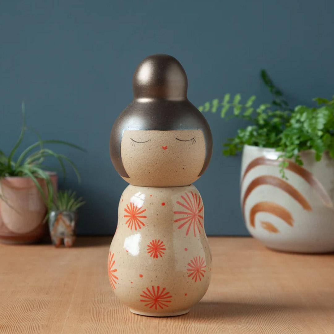 Kokeshi Jar - Small - Peaceful (Bronze Updo, Red Bursts) by Jennifer Fujimoto