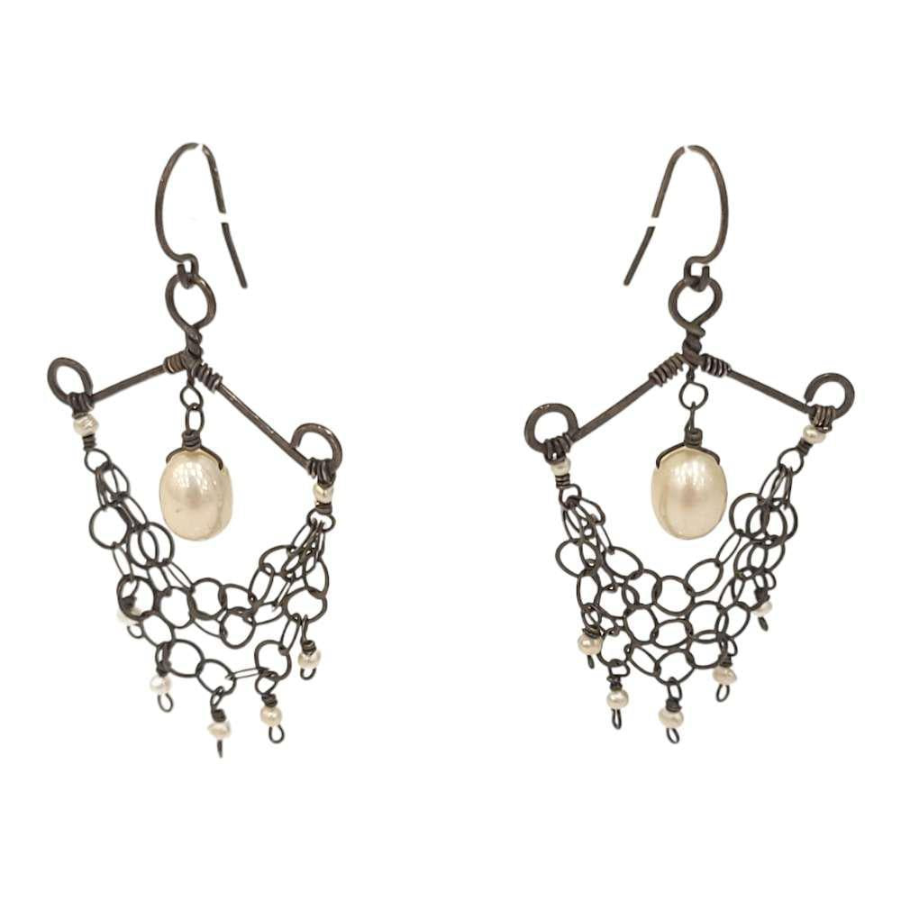Earrings - Pearl Pagoda Swag in Oxidized Sterling Silver by Calliope Jewelry