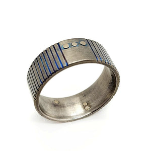 Ring - Size 9.5 - Titanium Blue Patina Grooves with 14KPW Rivets by Taviametal