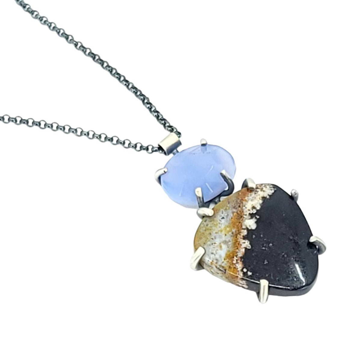 Necklace - Vertical Duo (Opalized Wood, Chalcedony) by Three Flames Silverworks