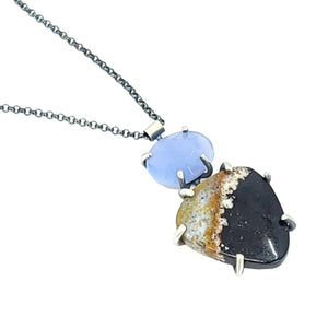 Necklace - Vertical Duo (Opalized Wood, Chalcedony) by Three Flames Silverworks
