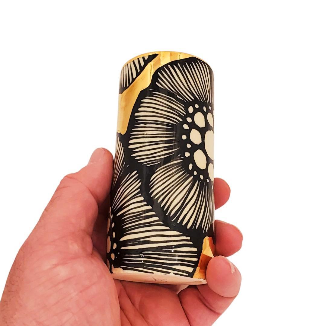 Vase - 4in Floral Cylinder with 22k Gold Solid Background (C) by Hsieh Clay SF