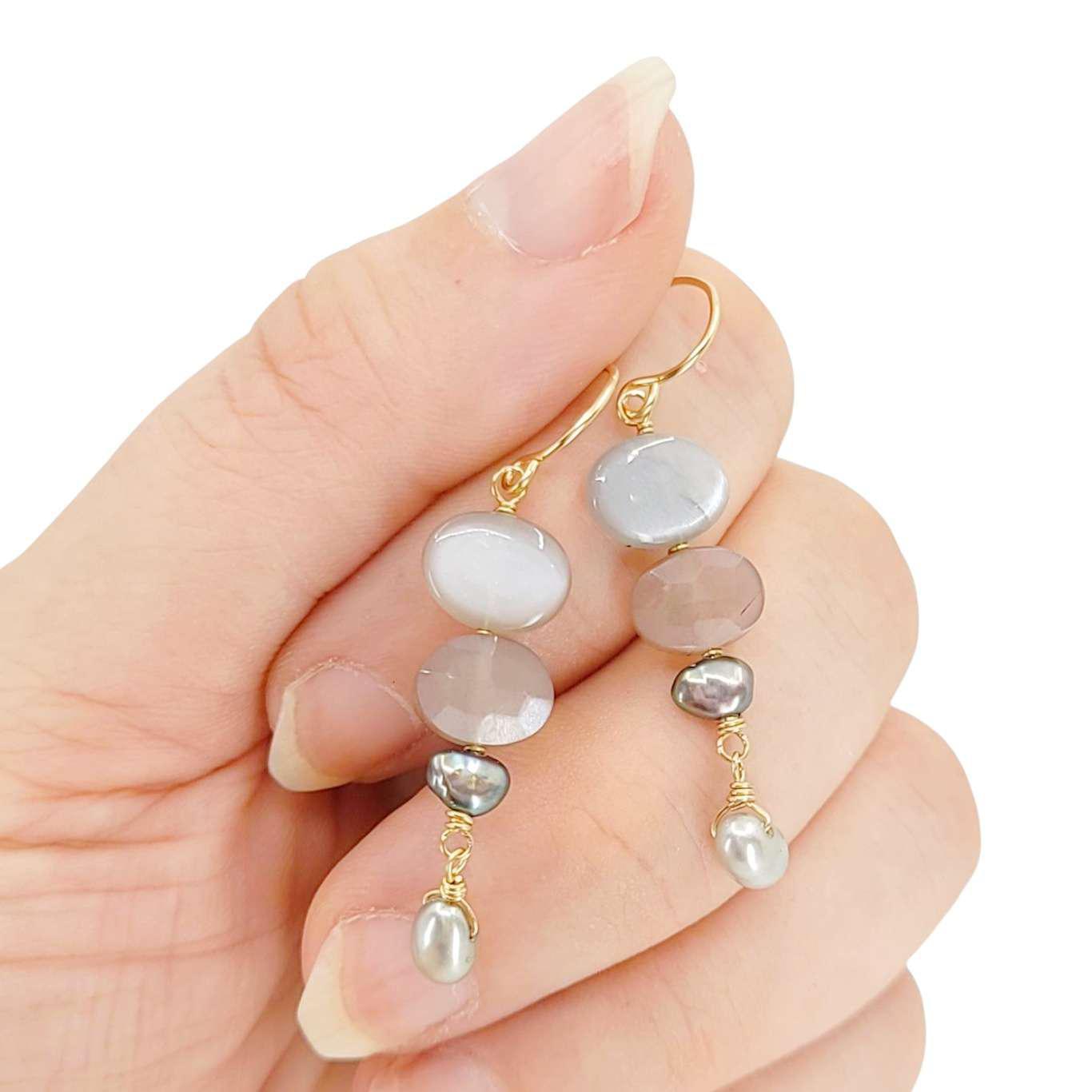 Earrings - Stacked Pebble Drops (Gray Moonstone, Chocolate Moonstone, Pearl) by Calliope Jewelry