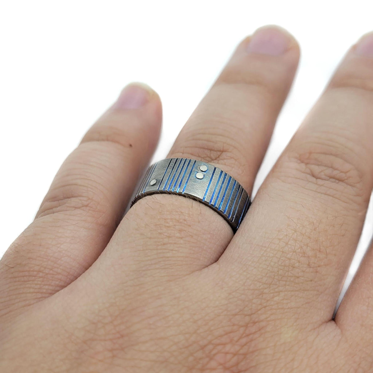 Ring - Size 12 - Titanium Blue Patina Grooves with 14KPW Rivets by Taviametal