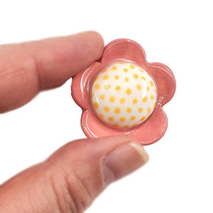 Ceramic Pin - Flower Pink with Yellow Dots by Jennifer Fujimoto