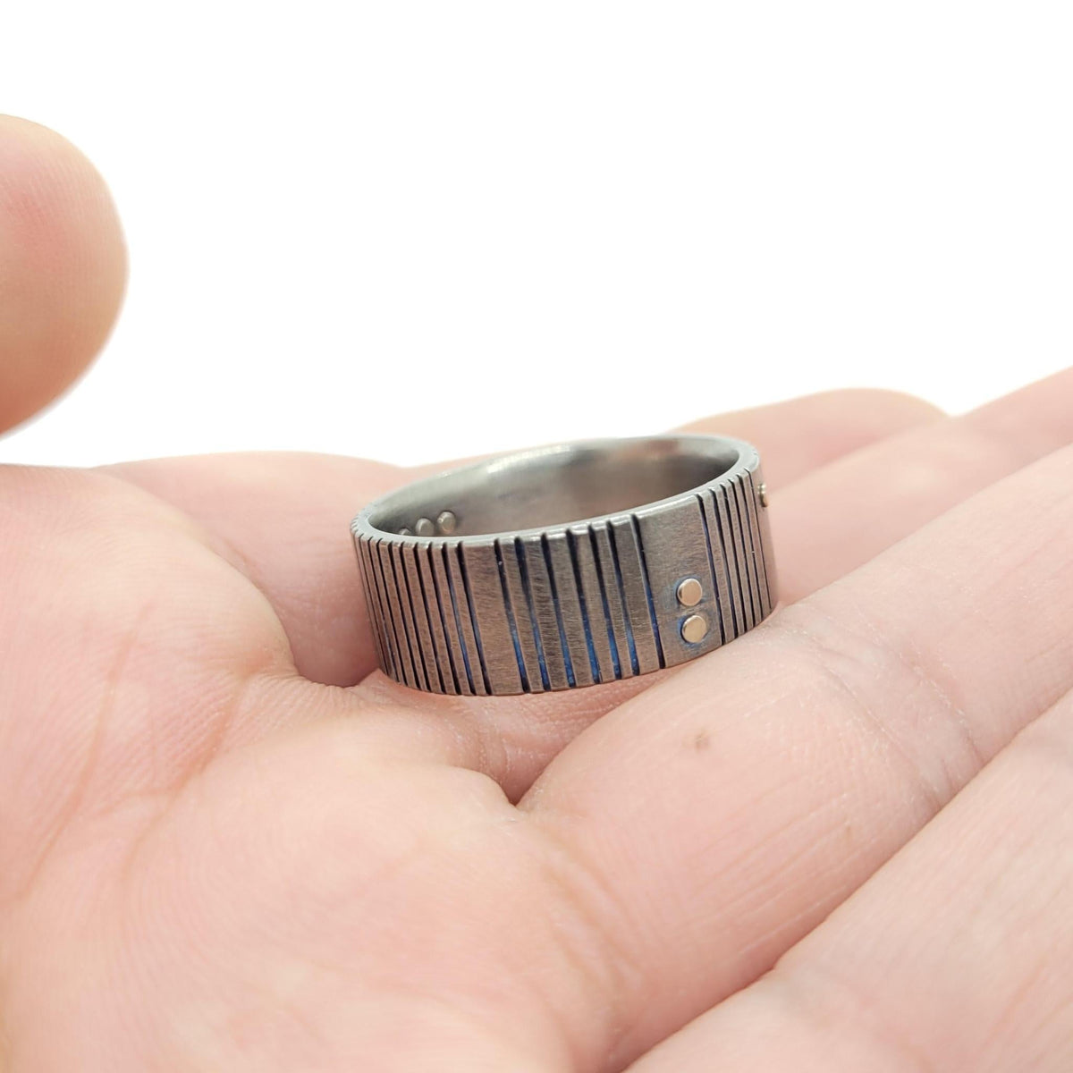 Ring - Size 12 - Titanium Blue Patina Grooves with 14KPW Rivets by Taviametal