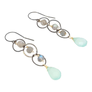 Earrings - Triple Stacked Circles (Labradorite, Chalcedony) by Calliope Jewelry