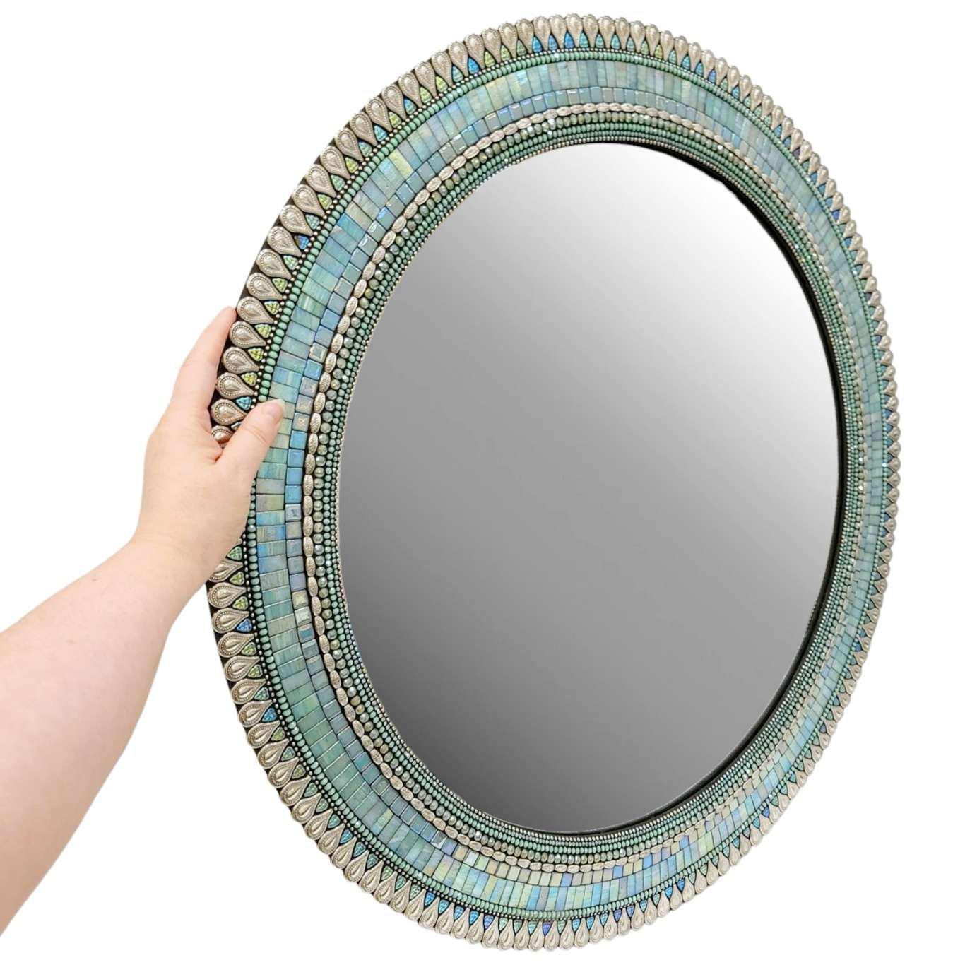 Mosaic Mirror - 30in Round (Seafoam Drop) by Zetamari Mosaic Artworks