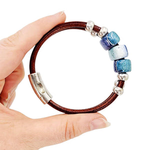 Bracelet - Hummingbird (Tobacco Leather, Silver, Ceramic) by Diana Kauffman Designs