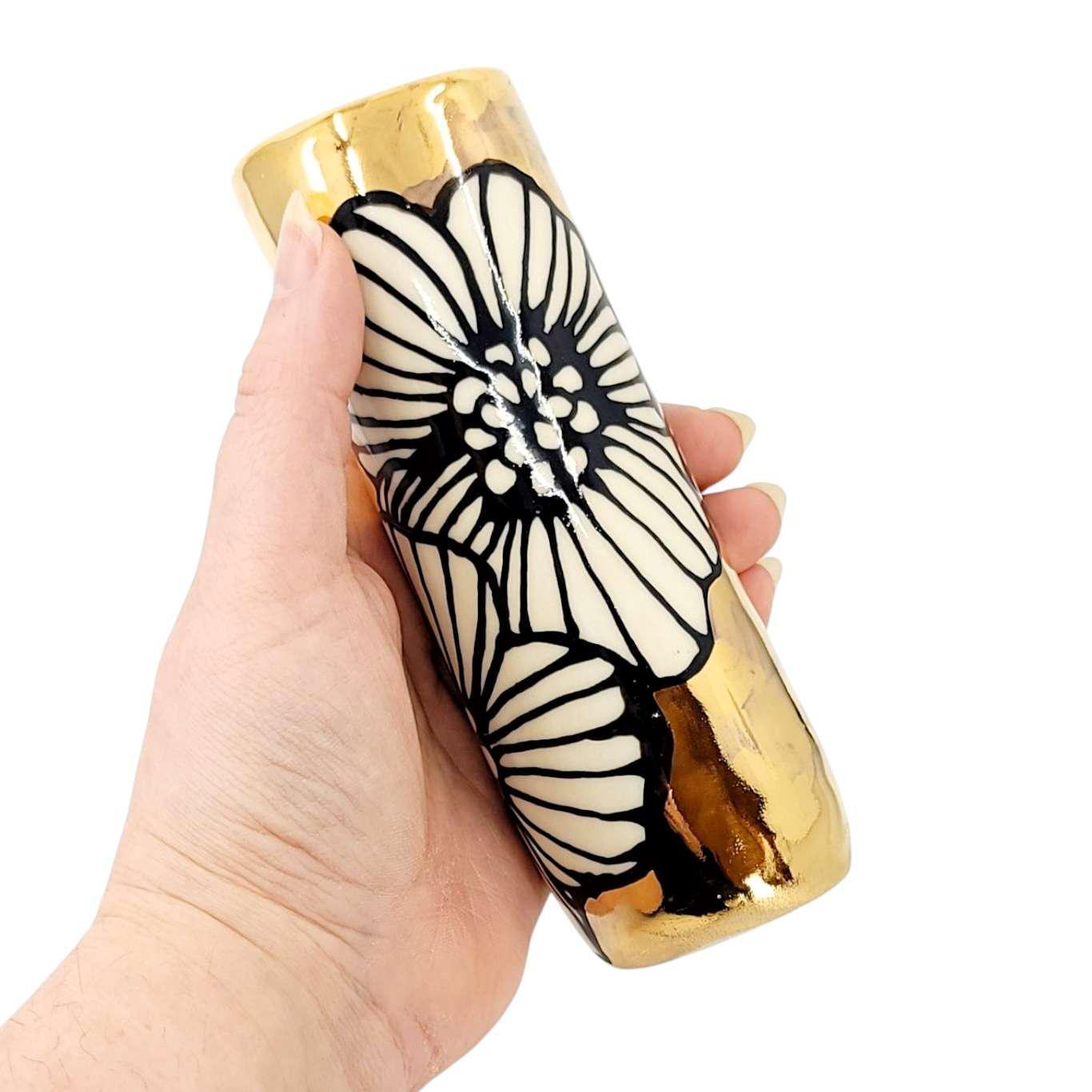 Vase - 6in Floral Cylinder with 22k Gold Solid Background (B) by Hsieh Clay SF