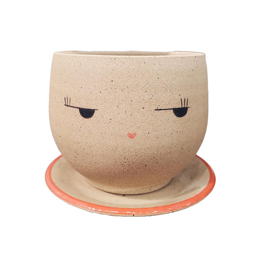 Planter - Side Eye Face (Blue or Red Saucer) by Jennifer Fujimoto