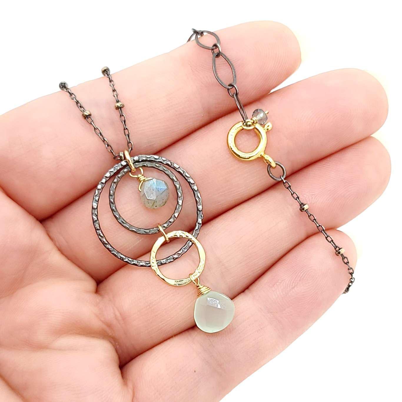 Necklace - Triple Circle Chalcedony and Labradorite Pendant by Calliope Jewelry