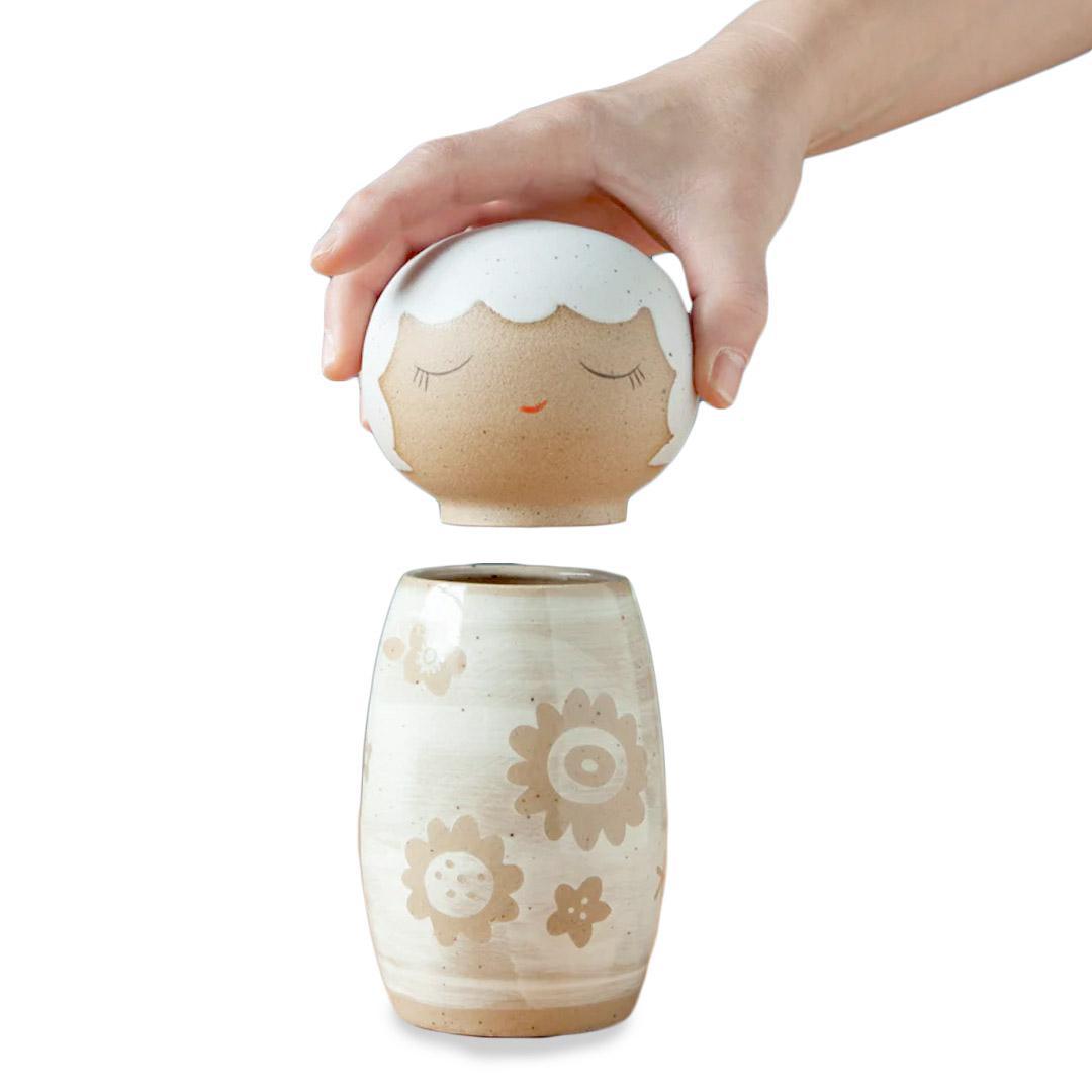 Kokeshi Jar - Neutral Floral (White Glaze) by Jennifer Fujimoto