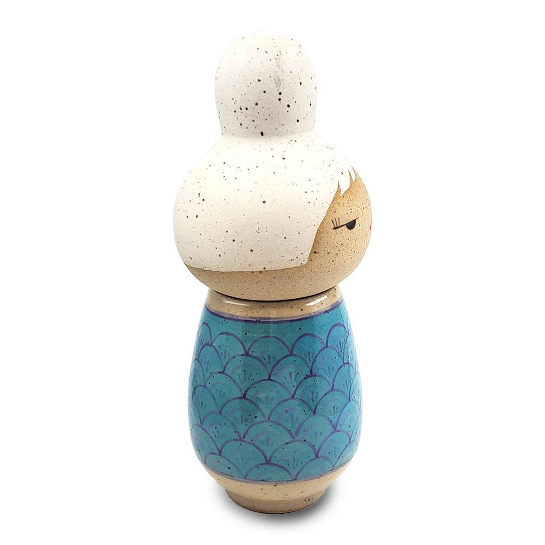 Kokeshi Jar - Small - Side Eye (White Hair, Turquoise Scallops) by Jennifer Fujimoto